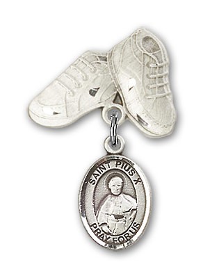 Pin Badge with St. Pius X Charm and Baby Boots Pin - Silver tone