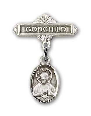 Baby Pin with Scapular Charm and Godchild Badge Pin - Sterling Silver