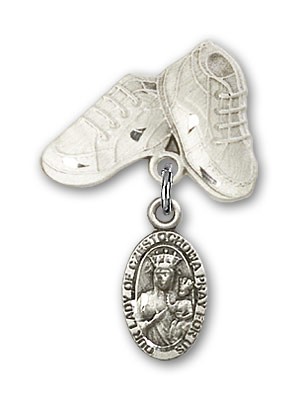 Baby Badge with Our Lady of Czestochowa Charm and Baby Boots Pin - Silver tone