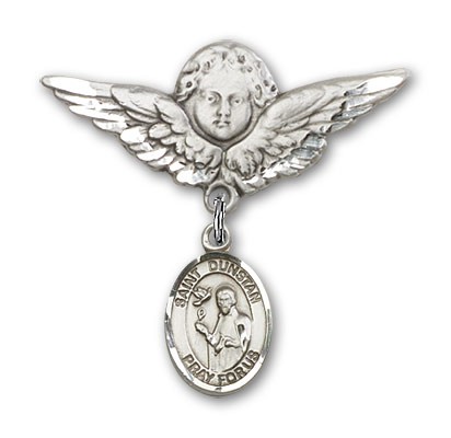 Pin Badge with St. Dunstan Charm and Angel with Larger Wings Badge Pin - Silver tone