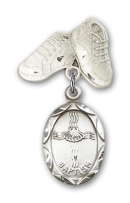 Baby Pin with Baptism Charm and Baby Boots Pin - Silver tone