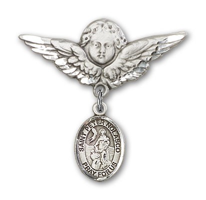 Pin Badge with St. Peter Nolasco Charm and Angel with Larger Wings Badge Pin - Silver tone