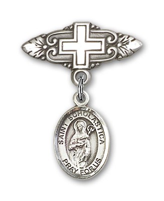 Pin Badge with St. Scholastica Charm and Badge Pin with Cross - Silver tone