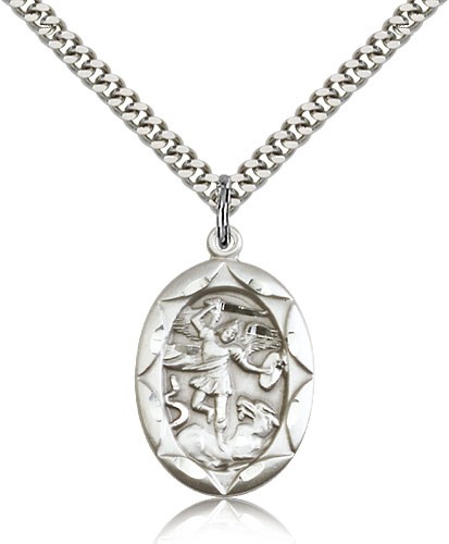 St. Michael &amp; Guardian Angel Oval Scalloped Medal - Sterling Silver