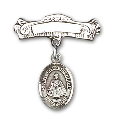 Pin Badge with Infant of Prague Charm and Arched Polished Engravable Badge Pin - Silver tone