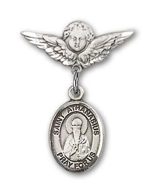 Pin Badge with St. Athanasius Charm and Angel with Smaller Wings Badge Pin - Silver tone