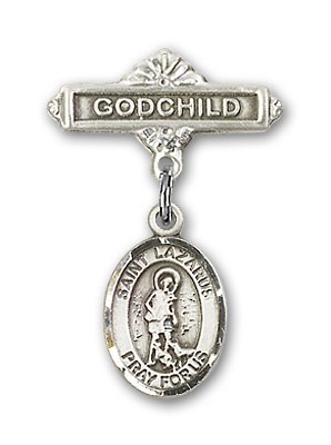 Pin Badge with St. Lazarus Charm and Godchild Badge Pin - Silver tone