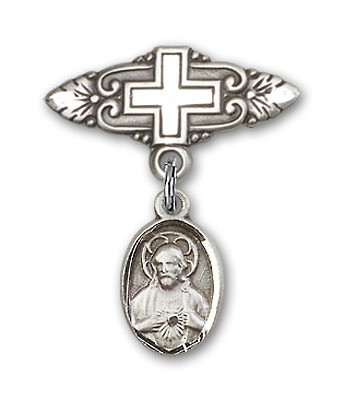 Baby Pin with Scapular Charm and Badge Pin with Cross - Silver tone