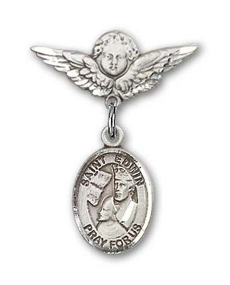 Pin Badge with St. Edwin Charm and Angel with Smaller Wings Badge Pin - Silver tone