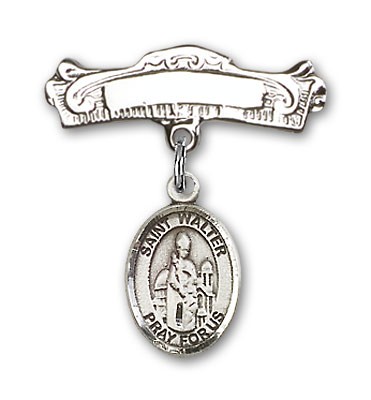 Pin Badge with St. Walter of Pontnoise Charm and Arched Polished Engravable Badge Pin - Silver tone