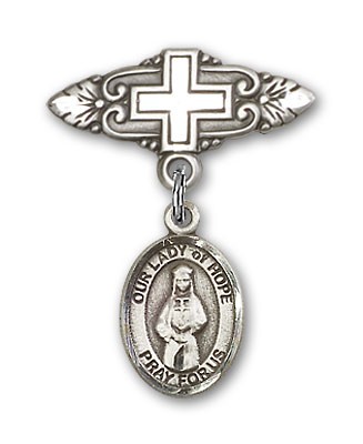 Pin Badge with Our Lady of Hope Charm and Badge Pin with Cross - Silver tone