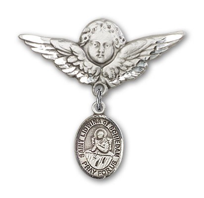 Pin Badge with St. Lidwina of Schiedam Charm and Angel with Larger Wings Badge Pin - Silver tone
