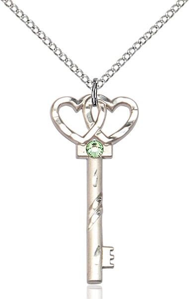 Small Key with Double Heart Pendant and Birthstone - Peridot