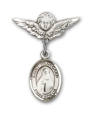 Pin Badge with St. Hildegard Von Bingen Charm and Angel with Smaller Wings Badge Pin - Silver tone