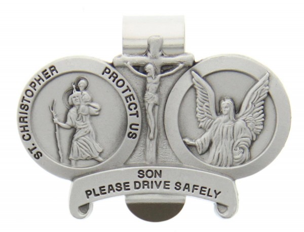 St. Christopher &amp; Guardian Angel Protect My Son Visor Clip Pewter - Silver