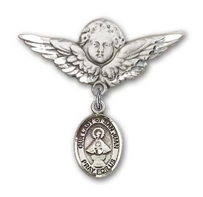 Pin Badge with Our Lady of San Juan Charm and Angel with Larger Wings Badge Pin - Silver tone