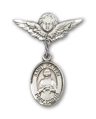 Pin Badge with St. Kateri Charm and Angel with Smaller Wings Badge Pin - Silver tone
