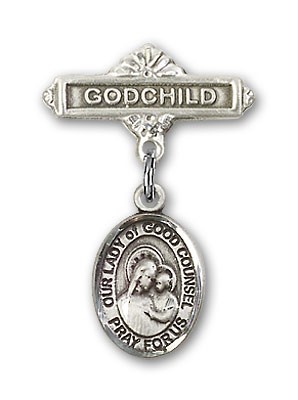 Baby Badge with Our Lady of Good Counsel Charm and Godchild Badge Pin - Silver tone