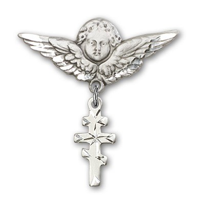 Pin Badge with Greek Orthadox Cross Charm and Angel with Larger Wings Badge Pin - Silver tone