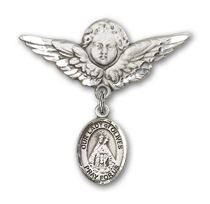 Pin Badge with Our Lady of Olives Charm and Angel with Larger Wings Badge Pin - Silver tone