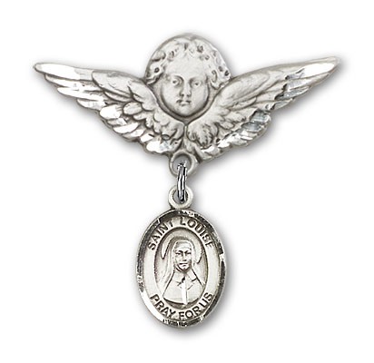 Pin Badge with St. Louise de Marillac Charm and Angel with Larger Wings Badge Pin - Silver tone