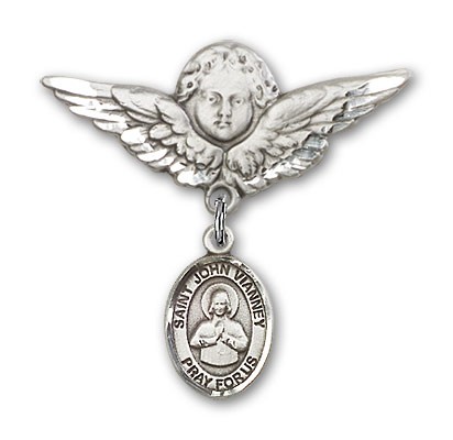 Pin Badge with St. John Vianney Charm and Angel with Larger Wings Badge Pin - Silver tone