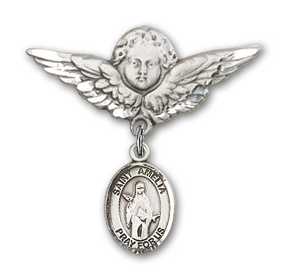 Pin Badge with St. Amelia Charm and Angel with Larger Wings Badge Pin - Silver tone