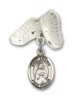 Pin Badge with St. Lillian Charm and Baby Boots Pin - Silver tone