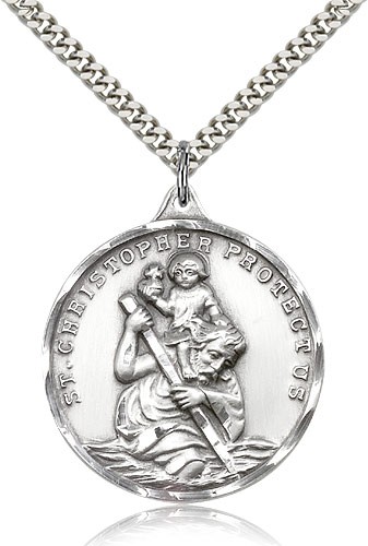 Men's Large Round Saint Christopher Necklace - Sterling Silver