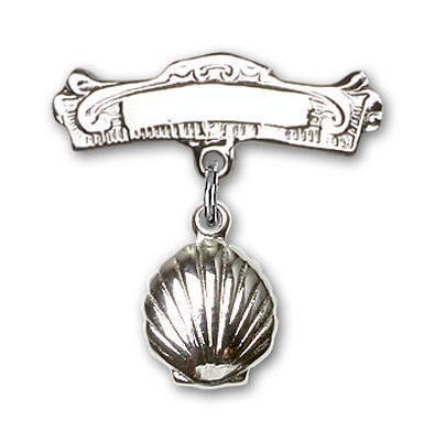 Baby Pin with Shell Charm and Arched Polished Engravable Badge Pin - Silver tone