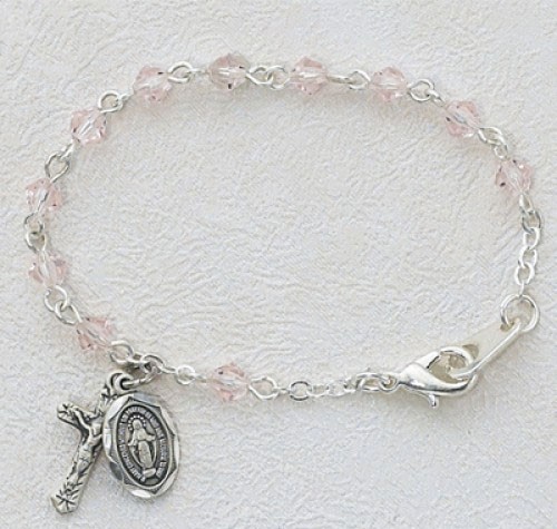 Baby Rosary Bracelet with Tin Cut Rose Crystal Beads - Pewter