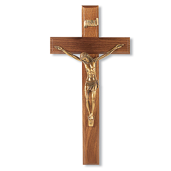 Wide Edge Slimline Walnut Wall Crucifix - 12 inch - Brown