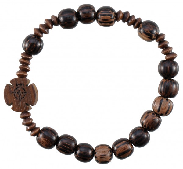 Wood Striped Cut Bead Rosary Bracelet - 8mm - Brown
