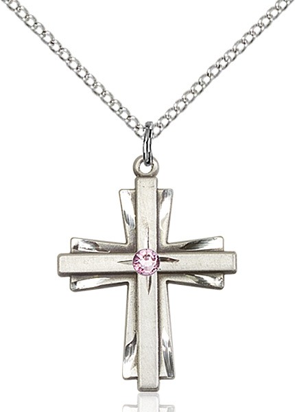 Women's Cross on Cross Pendant with Birthstone Options - Light Amethyst