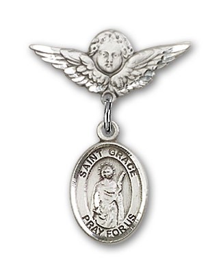 Pin Badge with St. Grace Charm and Angel with Smaller Wings Badge Pin - Silver tone