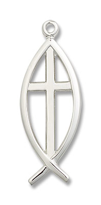Men's Ichthus Fish with Cross Pendant - Sterling Silver