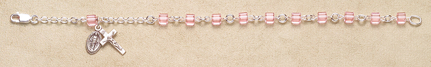 Rosary Bracelet - Sterling Silver with Light Rose Swarovski Cube - Rose