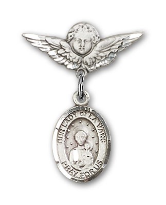 Pin Badge with Our Lady of la Vang Charm and Angel with Smaller Wings Badge Pin - Silver tone