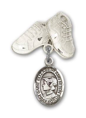 Pin Badge with St. Elizabeth Ann Seton Charm and Baby Boots Pin - Silver tone