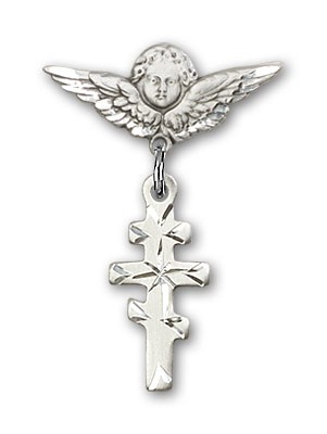 Pin Badge with Greek Orthadox Cross Charm and Angel with Smaller Wings Badge Pin - Silver tone