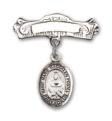 Pin Badge with Marie Magdalen Postel Charm and Arched Polished Engravable Badge Pin - Silver tone