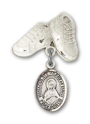 Baby Badge with Immaculate Heart of Mary Charm and Baby Boots Pin - Silver tone