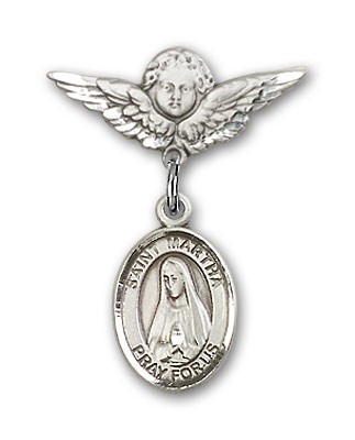 Pin Badge with St. Martha Charm and Angel with Smaller Wings Badge Pin - Silver tone
