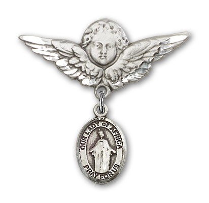 Pin Badge with Our Lady of Africa Charm and Angel with Larger Wings Badge Pin - Silver tone