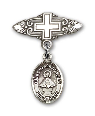 Pin Badge with Our Lady of San Juan Charm and Badge Pin with Cross - Silver tone