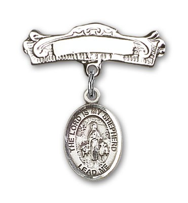 Pin Badge with Lord Is My Shepherd Charm and Arched Polished Engravable Badge Pin - Silver tone