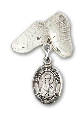 Pin Badge with St. Athanasius Charm and Baby Boots Pin - Silver tone