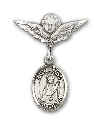 Pin Badge with St. Lucia of Syracuse Charm and Angel with Smaller Wings Badge Pin - Silver tone