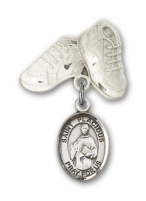 Pin Badge with St. Placidus Charm and Baby Boots Pin - Silver tone