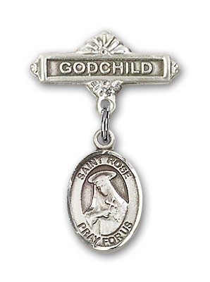 Pin Badge with St. Rose of Lima Charm and Godchild Badge Pin - Silver tone
